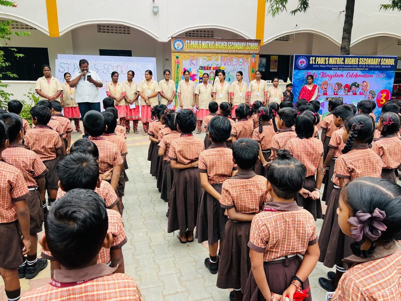 Kids Kingdom Celebration 2025 — primary students gathered in the courtyard