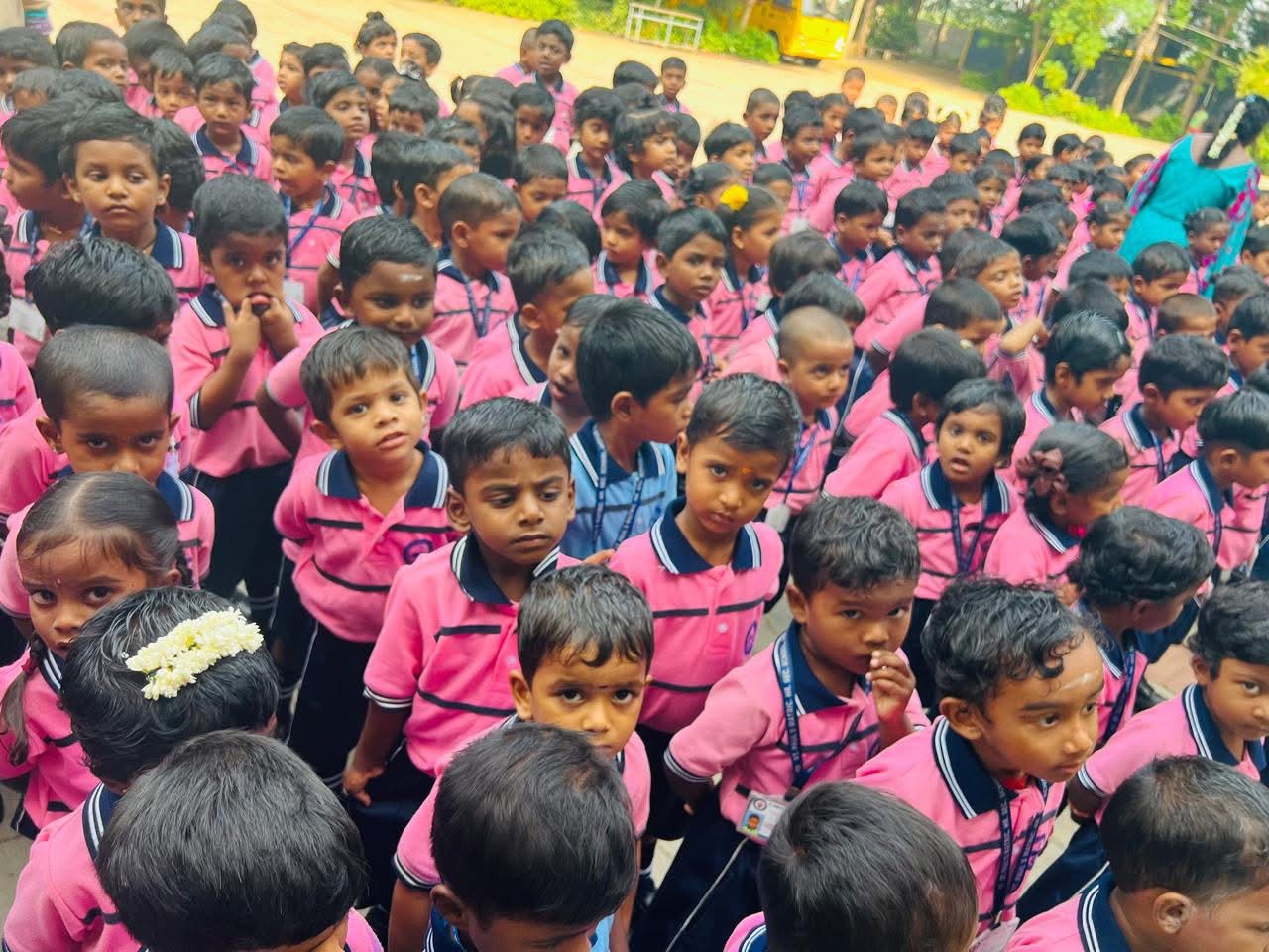 Group of kindergarten students in pink and navy uniforms