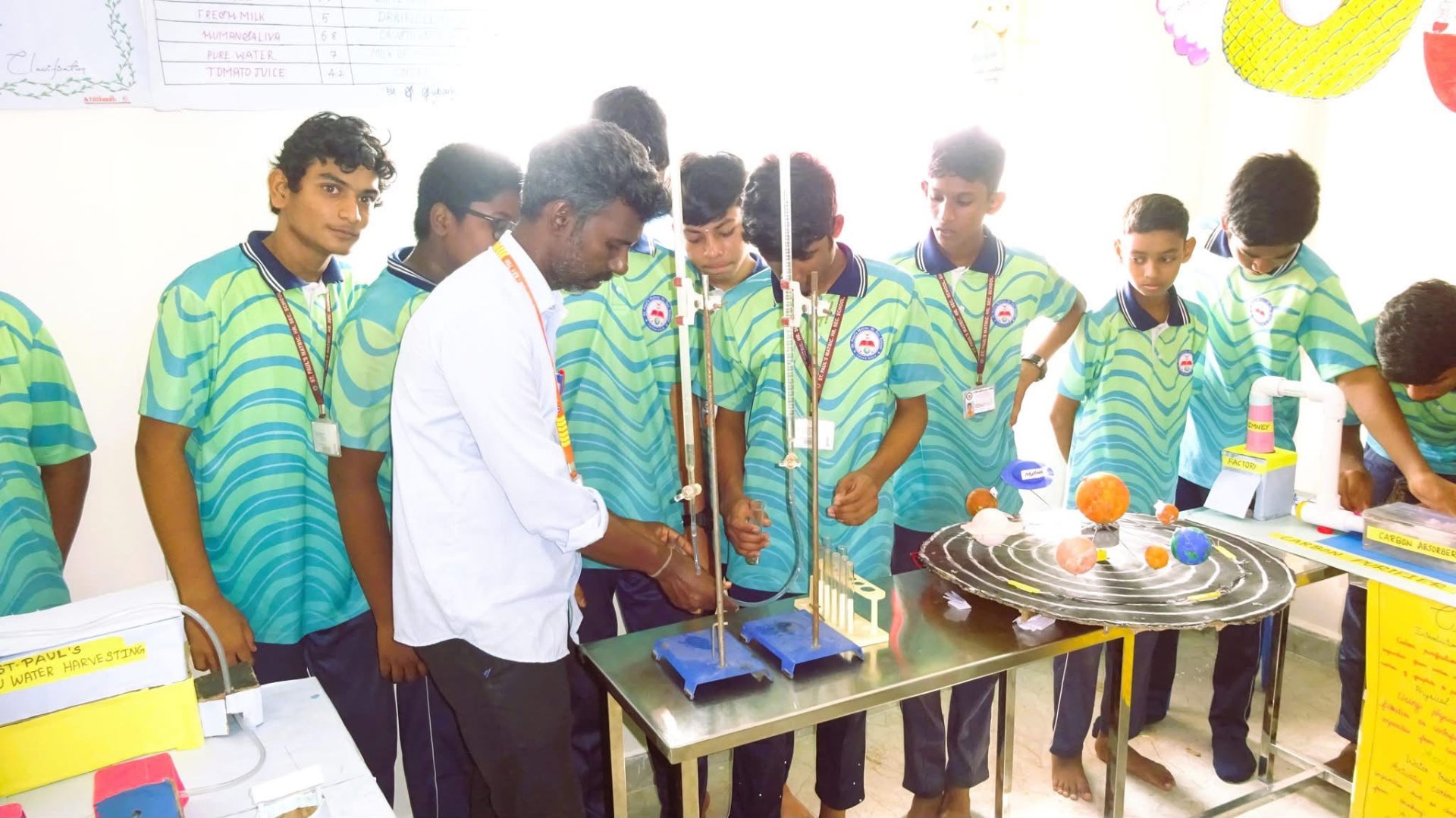 Class 10 students conducting a chemistry experiment with their teacher
